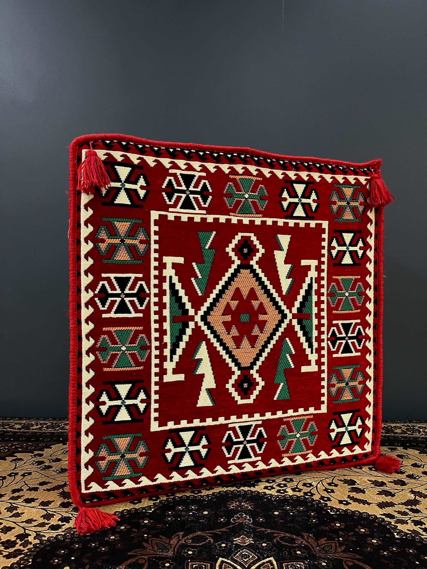 Ottoman Floor Cushion (Red with green & orange)