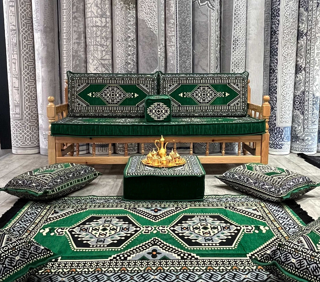 Arabian Majlis & Divan Set- Arabian Majlis &amp; Divan Set Floor Cushions and Sofa: The setup includes large, comfortable floor cushions, often richly embroidered with geometric and traditional patterns. The seating arrangement might also include a low wo