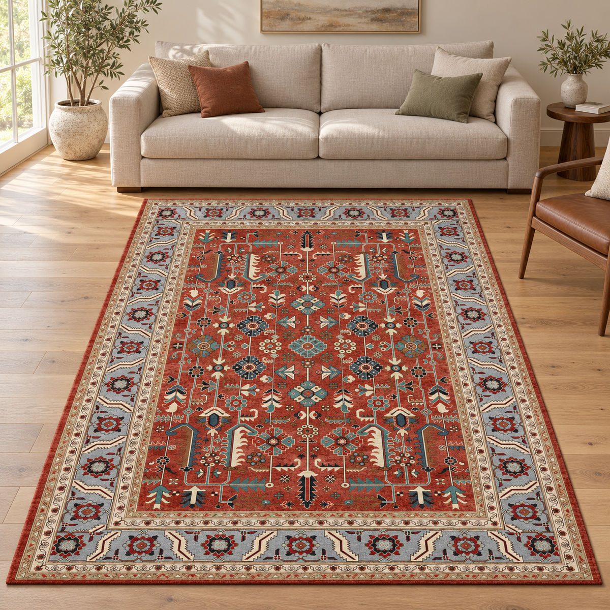 Anatolian Heritage Medallion rug beneath a sofa in a bright living room