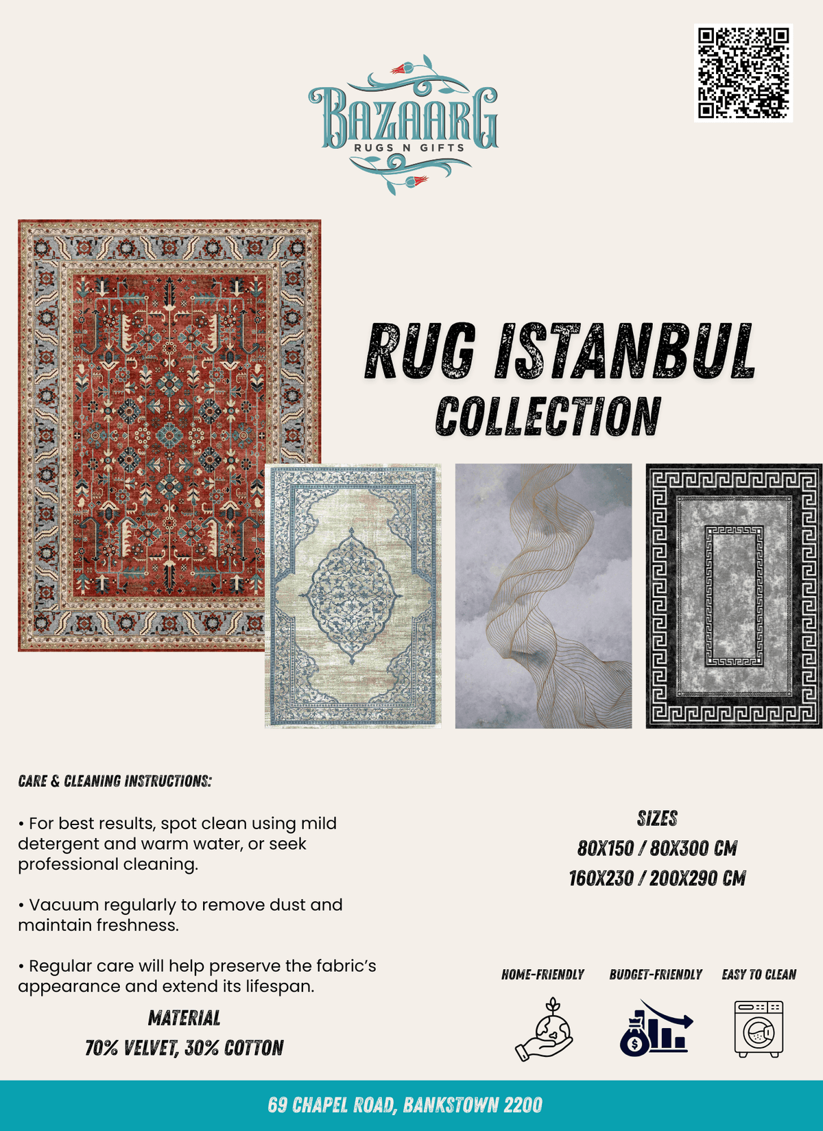 Istanbul Rug Collection showcased with detailed patterns and sizes, featuring care instructions and material information.