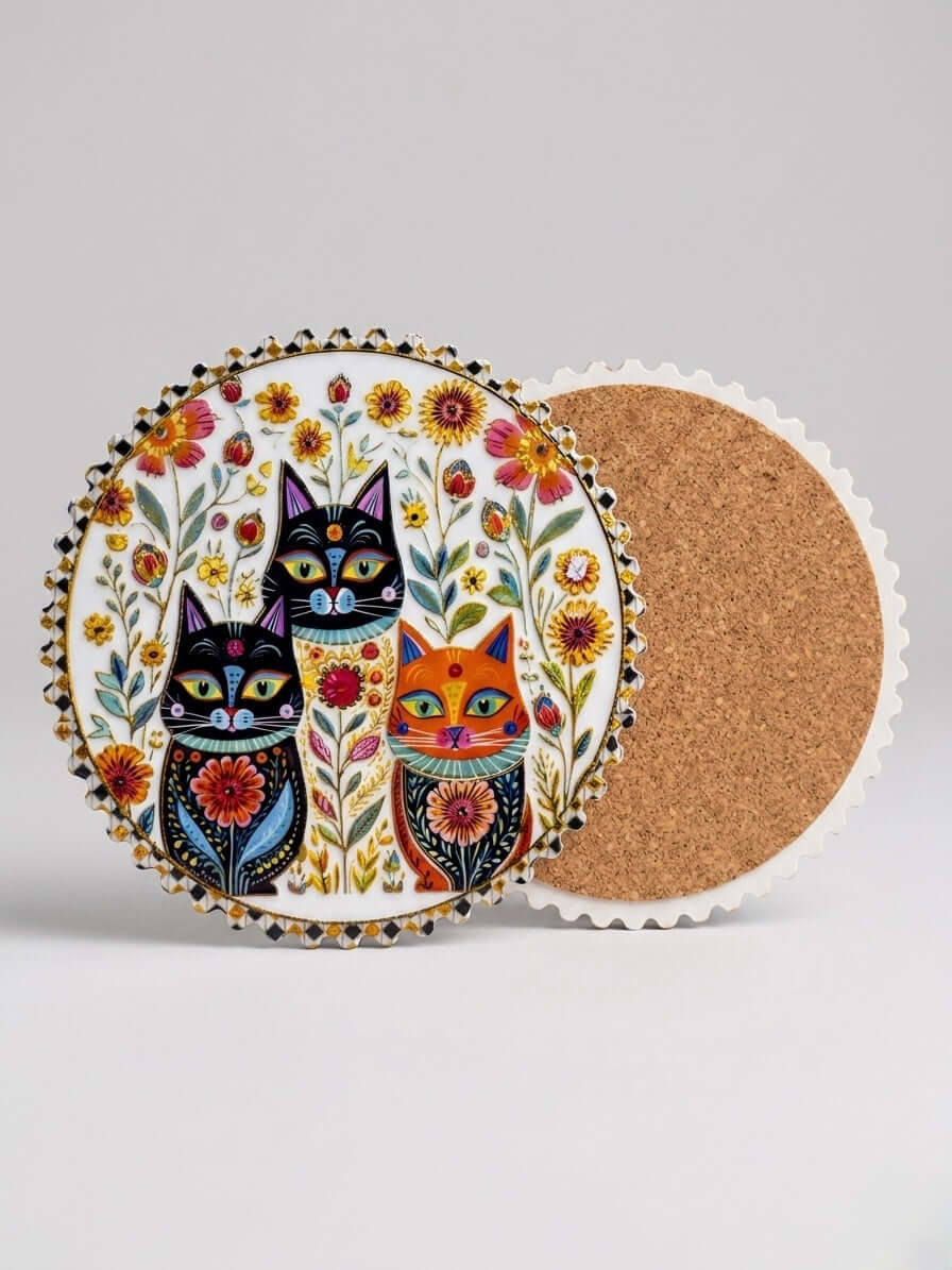 Ceramic Coasters Collection – Colorful cat design ceramic coaster with floral pattern and cork base.