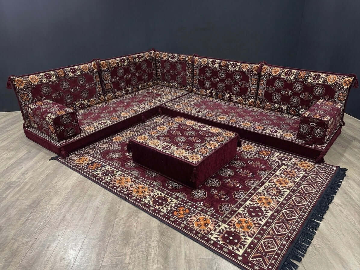 Arabic Sofa L Shape Full Set featuring traditional design with matching rug and table in a cozy setting.