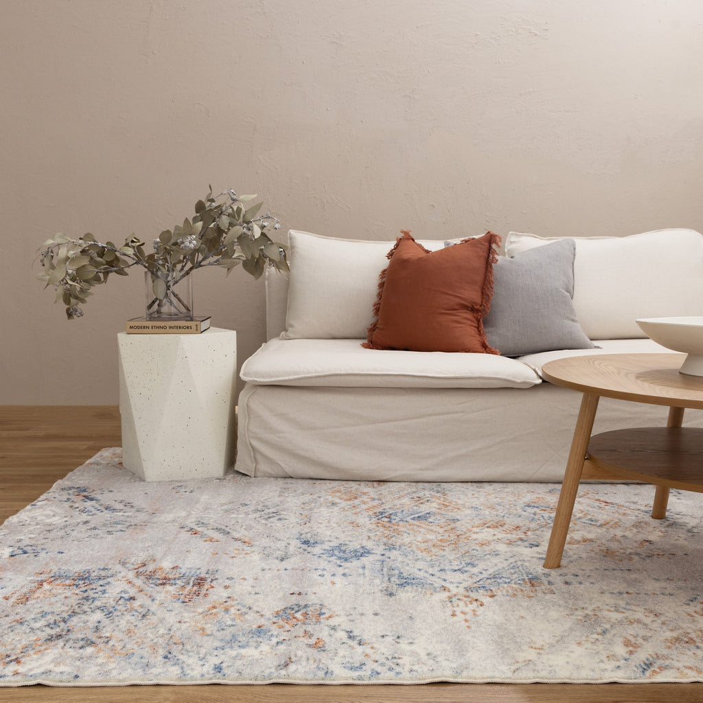 Cloud Multicolour Ornate Washable Rug styled with furniture