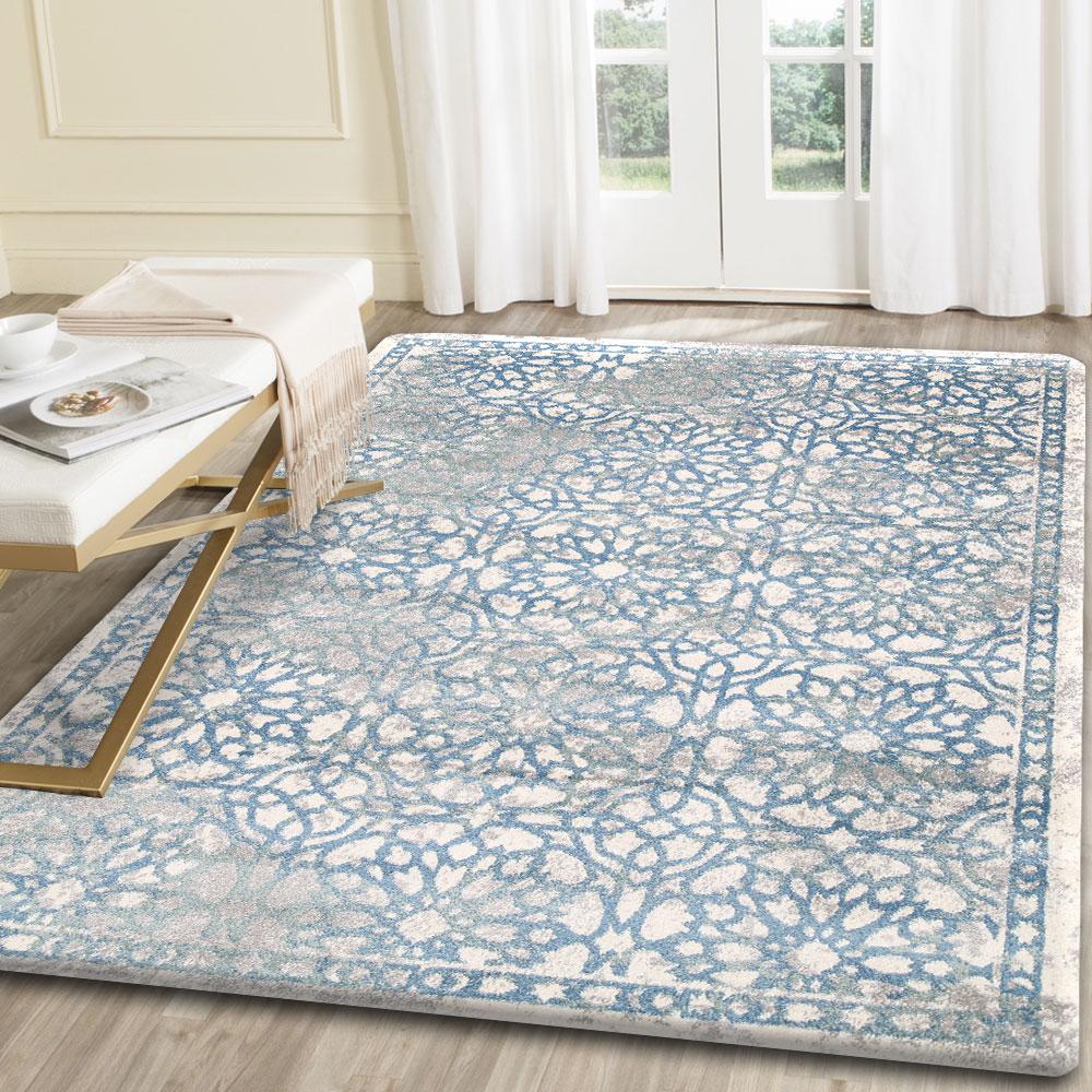 Matisse Blue Demask Rug - 15918 630 styled with furniture