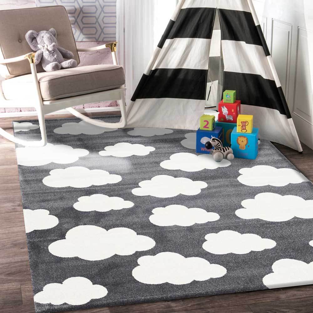 Piccolo Dark Grey and White Cloud Kids Rug - 1592 495 styled with furniture