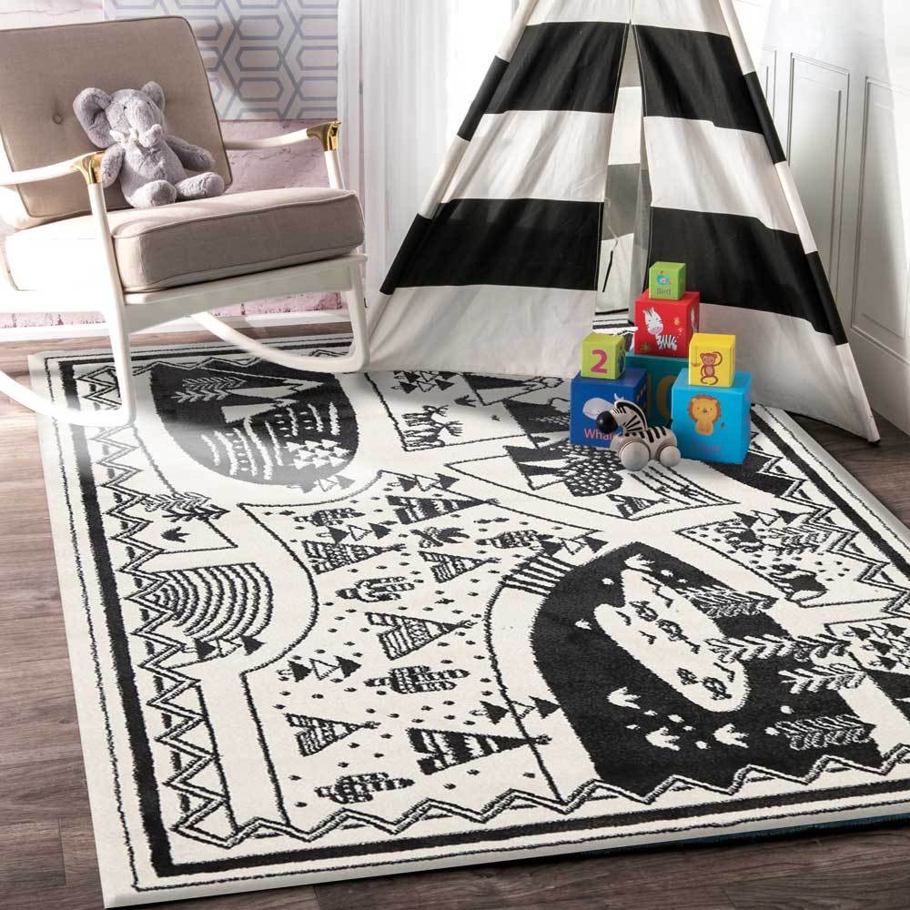 Piccolo Black and White Kids Camping Adventure Kids Rug - 15925 960 styled with furniture