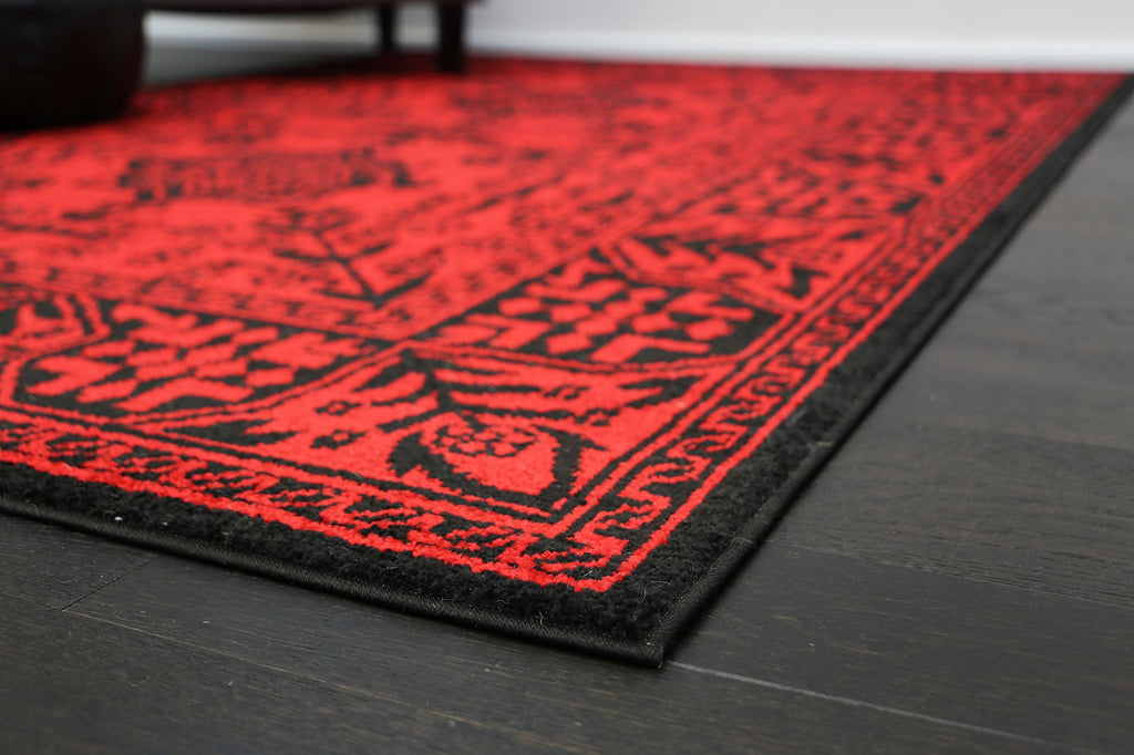 Tribe Red Black Geometric Rug - 18676 10 styled with furniture