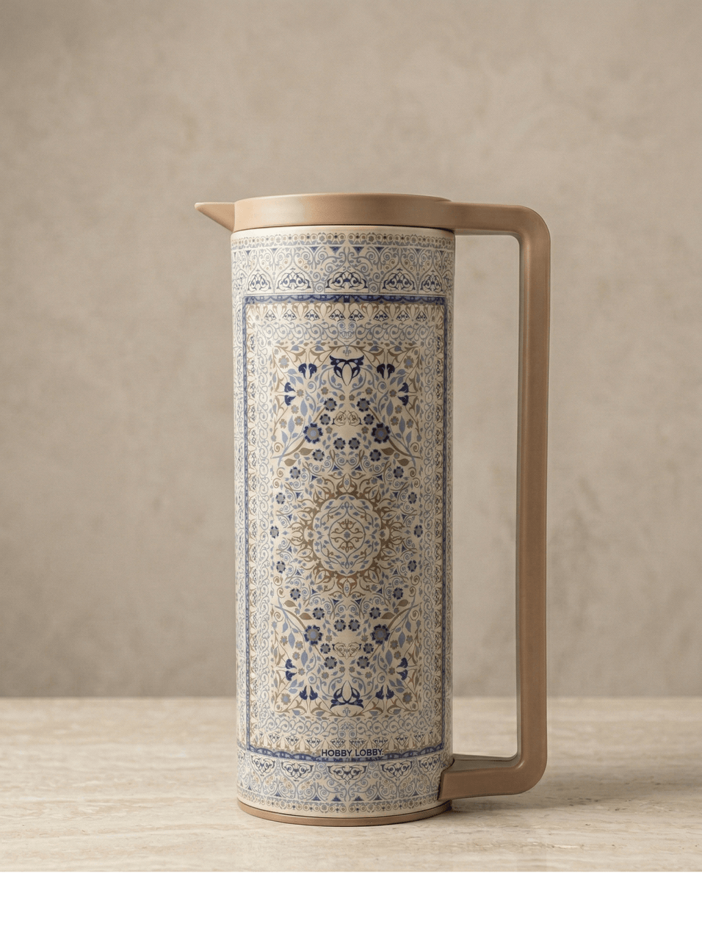 1L Vacuum Jug Stainless Steel – Turkish Design Thermal Carafe with intricate blue floral patterns.