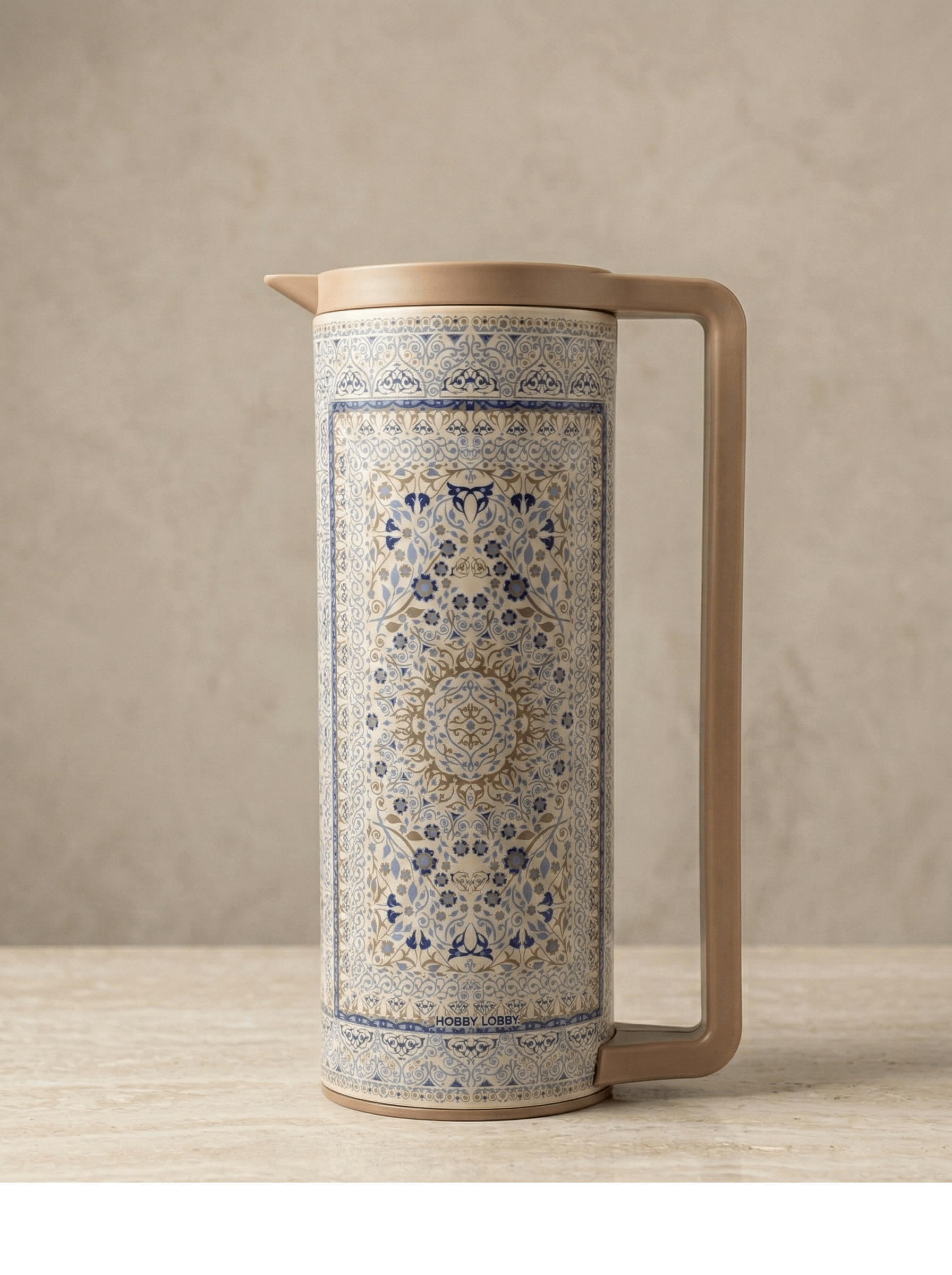 1L Vacuum Jug Stainless Steel – Turkish Design Thermal Carafe with intricate blue floral patterns.