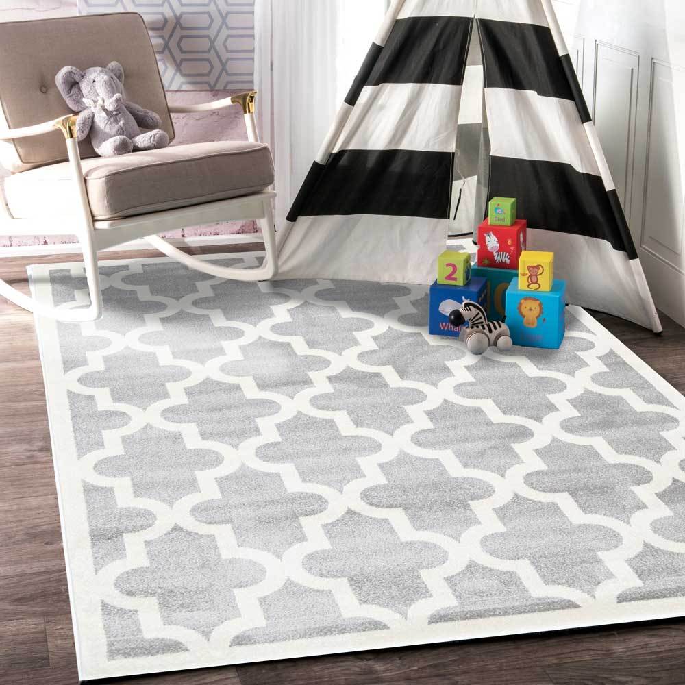 Piccolo Light Grey and White Lattice Pattern Kids Rug - 2051 896 styled with furniture