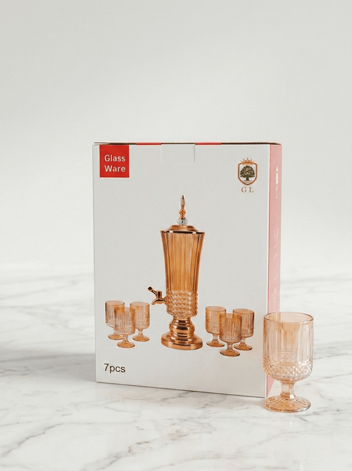 2.5L Glass Drink Dispenser Set 7pcs with Tap packaging displayed with dispenser and glasses.