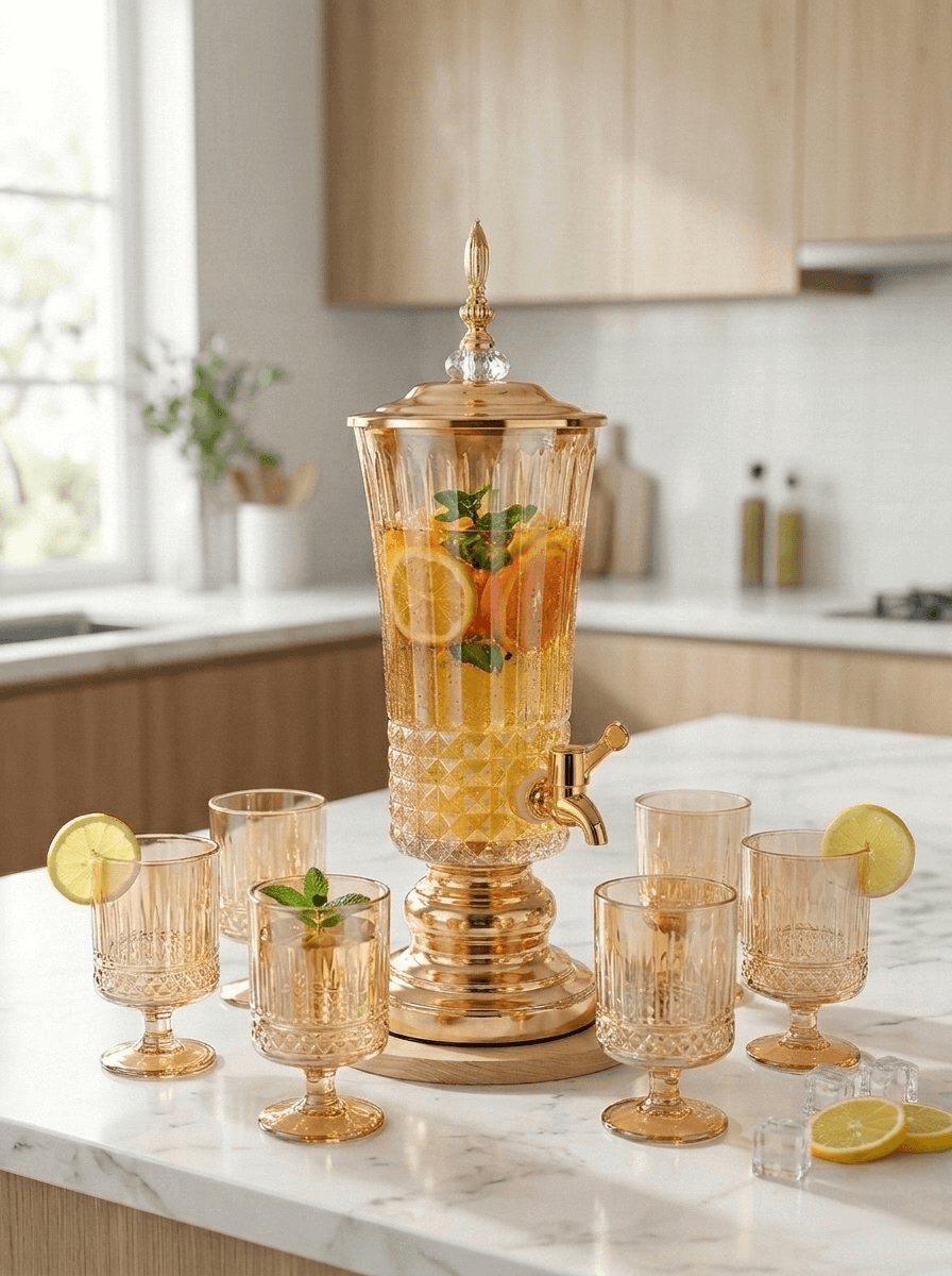 2.5L Glass Drink Dispenser Set 7pcs with Tap featuring a gold dispenser and clear glasses on a marble countertop.
