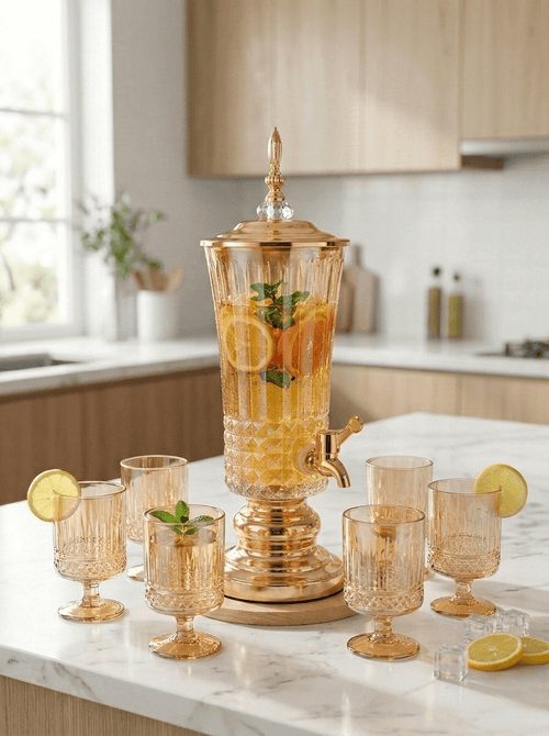 2.5L Glass Drink Dispenser Set 7pcs with Tap featuring a gold dispenser and clear glasses on a marble countertop.
