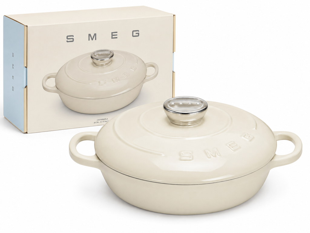 SMEG 26cm Cast Iron Casserole Pot with Lid – Cream