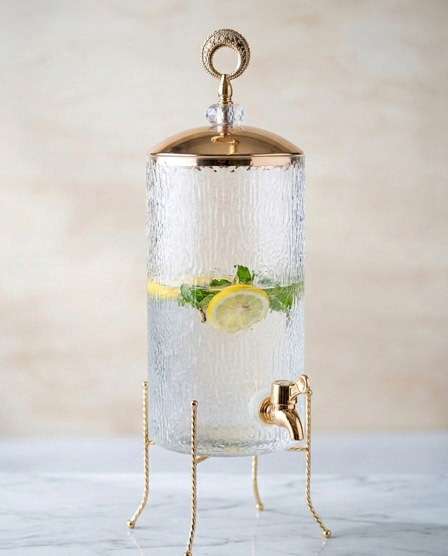 4L Glass Drink Dispenser with Tap showcasing refreshing lemonade and mint, accented with a stylish gold stand.