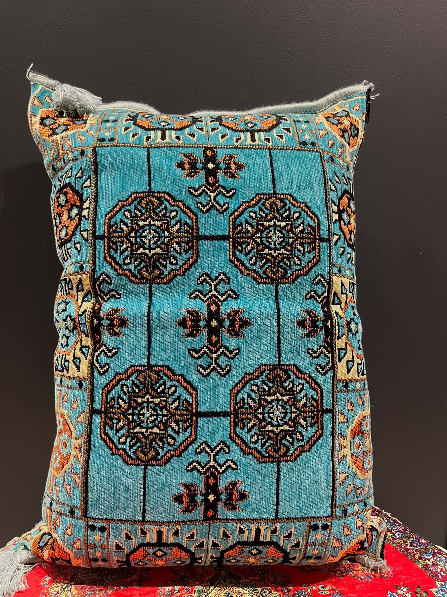 Traditional Turkish Pillow Cushion 50x60 in aqua with intricate diamond pattern and elegant detailing.