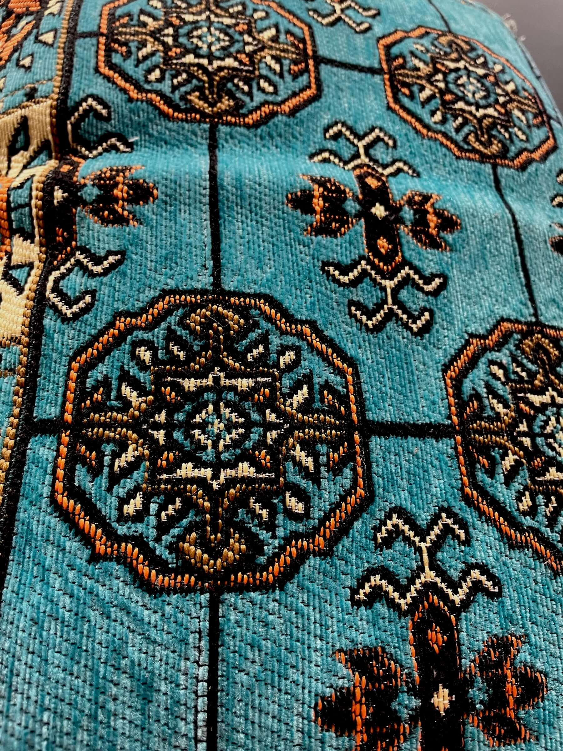 Traditional Turkish Pillow Cushion 50x60 fabric detail featuring an intricate aqua and orange diamond pattern.