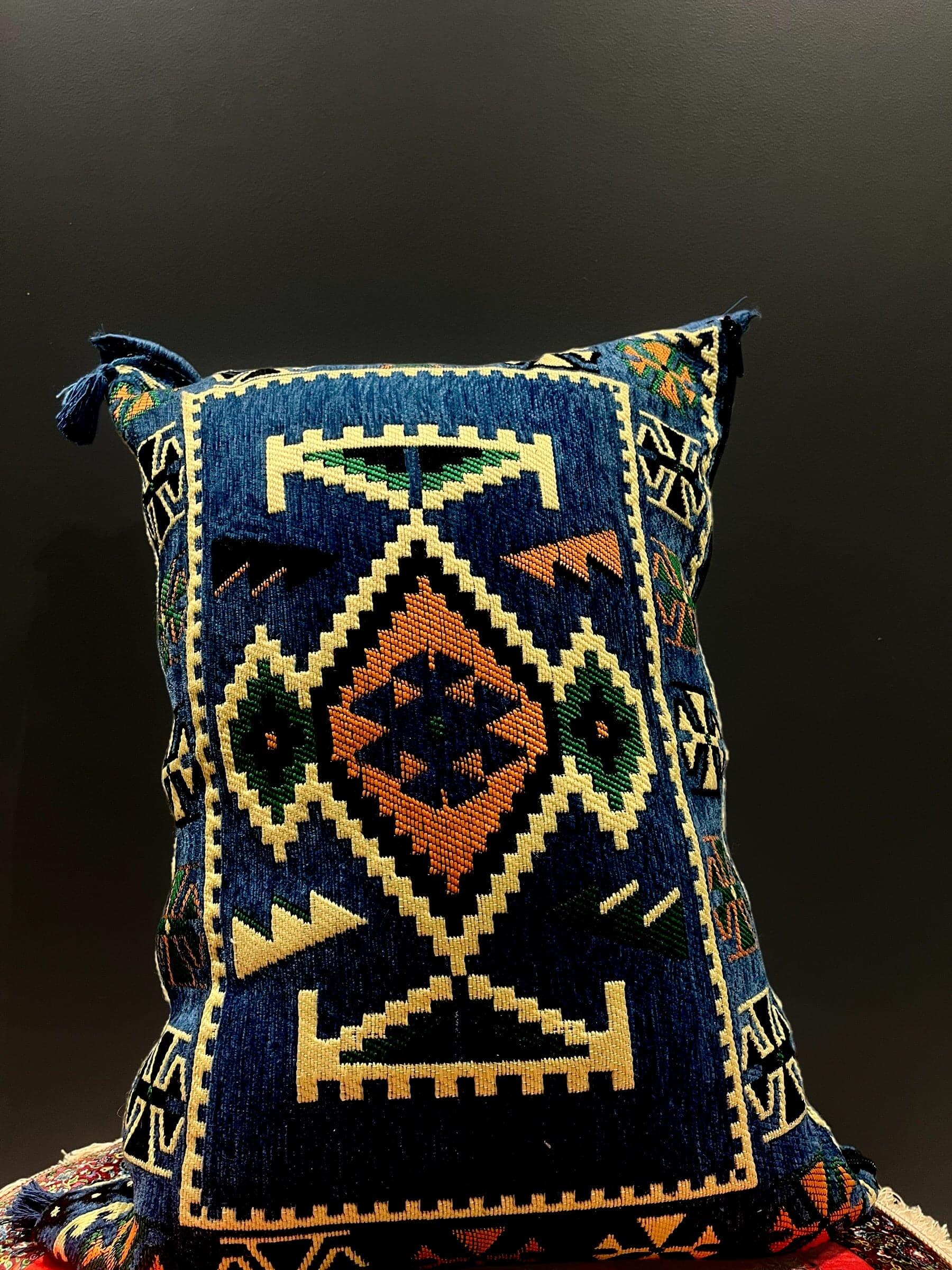 Traditional Turkish Pillow Cushion 50x60 in blue with intricate geometric patterns, perfect for elegant home decor.