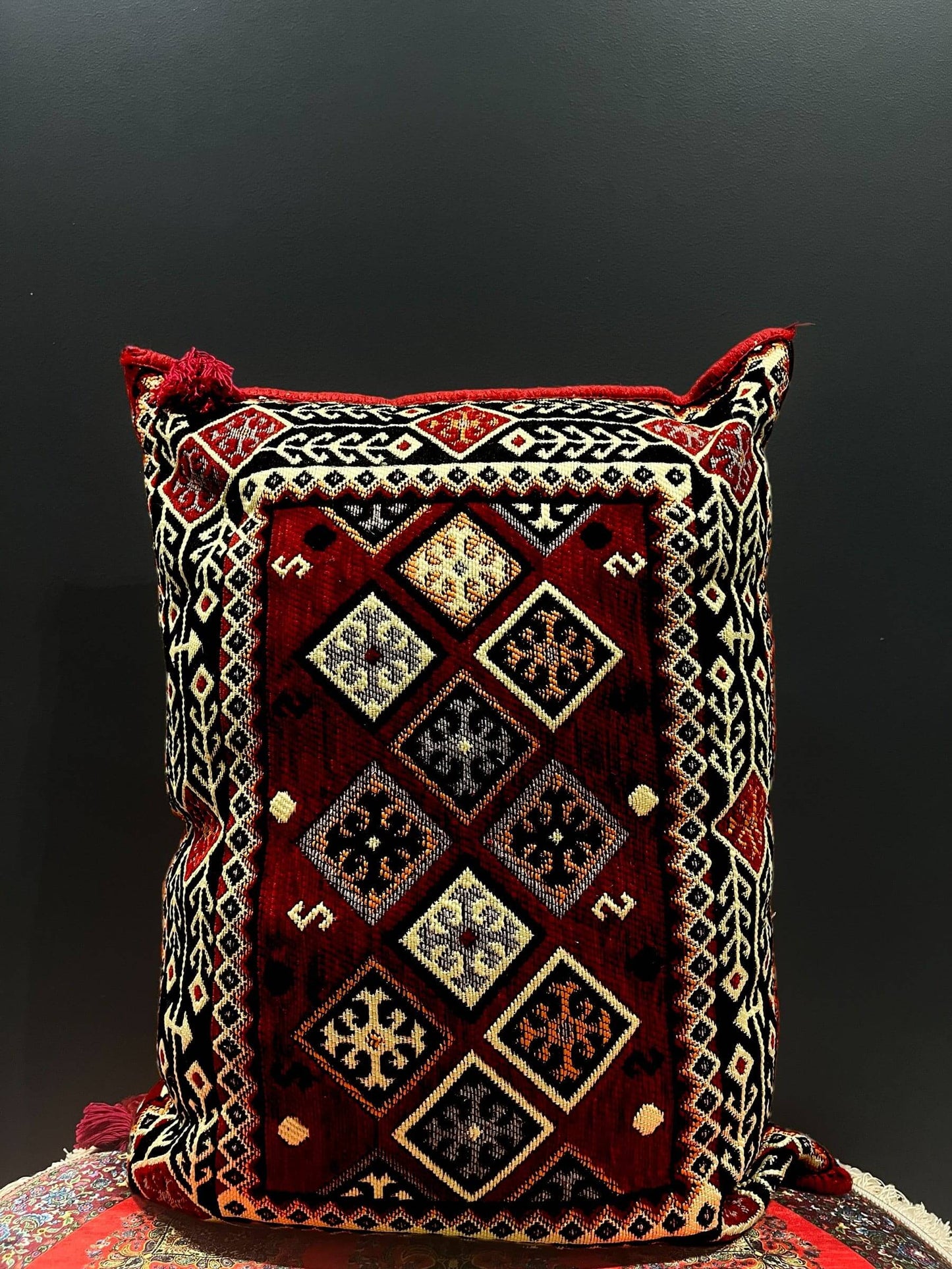 50x60 Pillow Cushion (Dark Red-Orange-Green-Black)-This 50x60 Turkish pillow cushion is made with an elegant traditional design and features a firm cushion, making it both luxurious and unique. Its beautiful craftsmanship ensures a high quality that will