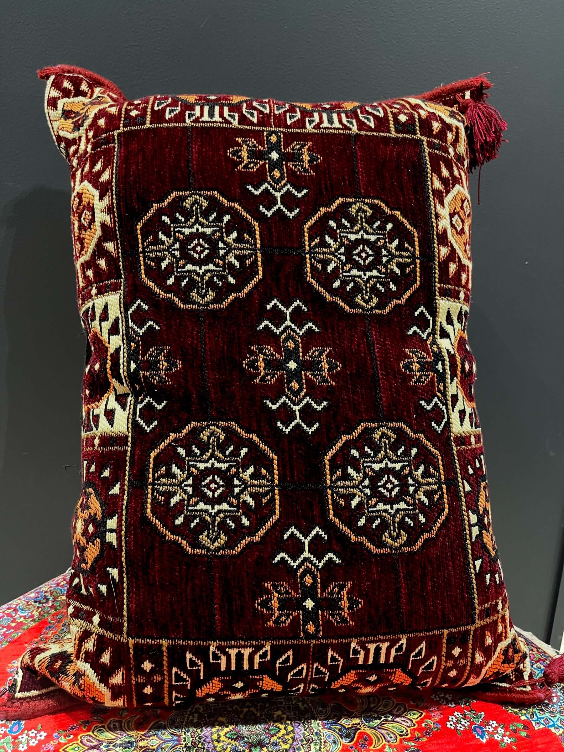 Traditional Turkish Pillow Cushion 50x60 in maroon with elegant diamond pattern and intricate detailing.
