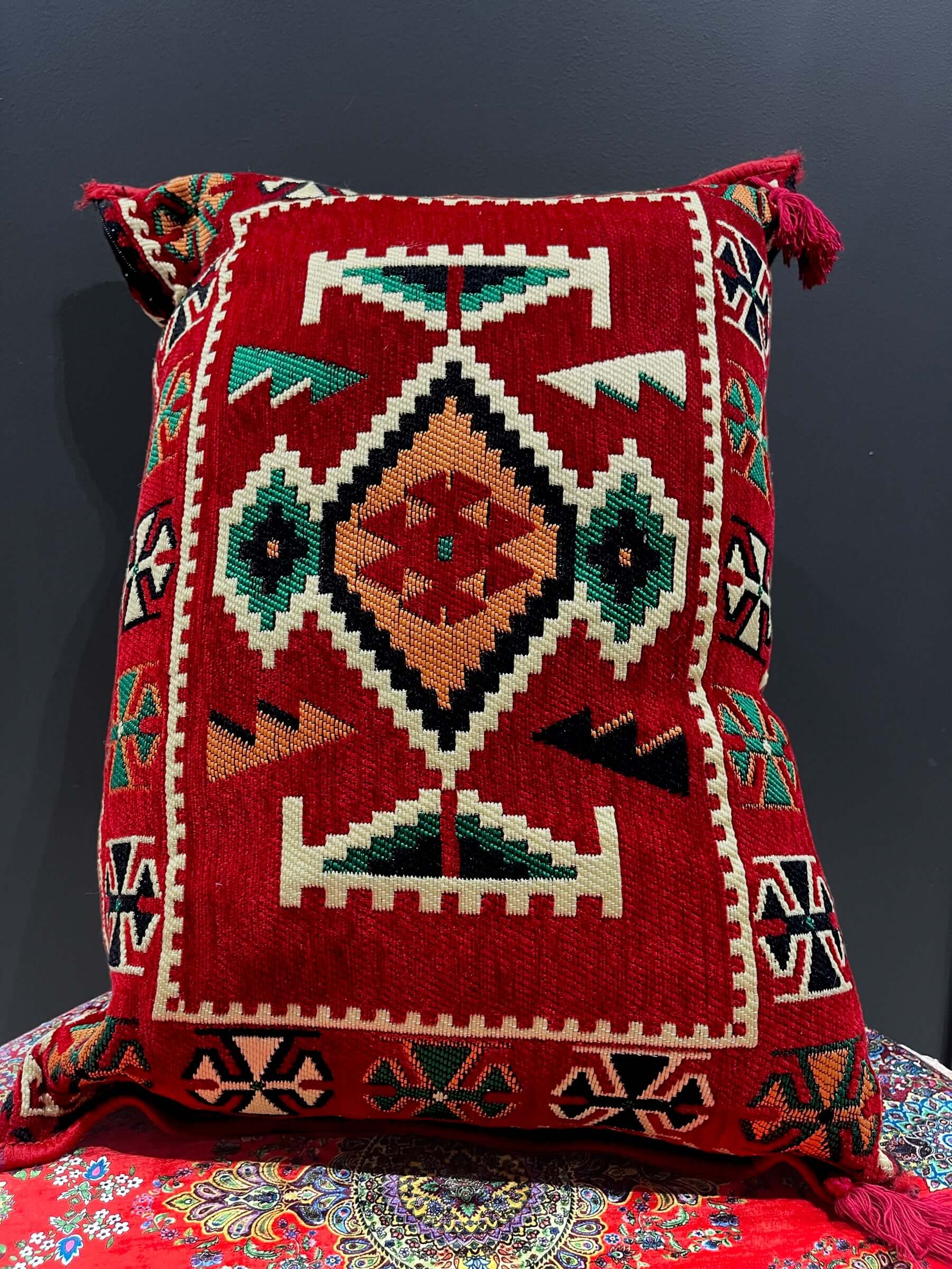 50x60 Pillow Cushion (Red with orange & green)-This 50x60 Turkish pillow cushion is made with an elegant traditional design and features a firm cushion, making it both luxurious and unique. Its beautiful craftsmanship ensures a high quality that will last