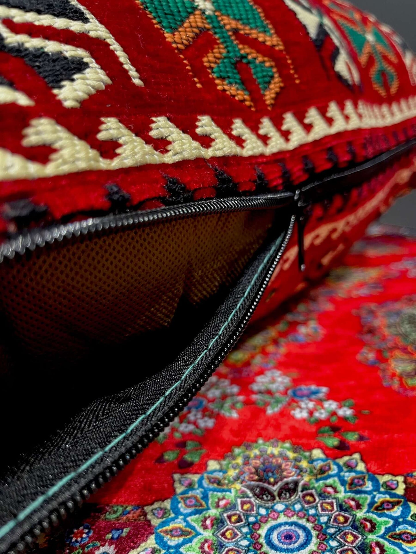 50x60 Pillow Cushion (Red with orange & green)-This 50x60 Turkish pillow cushion is made with an elegant traditional design and features a firm cushion, making it both luxurious and unique. Its beautiful craftsmanship ensures a high quality that will last