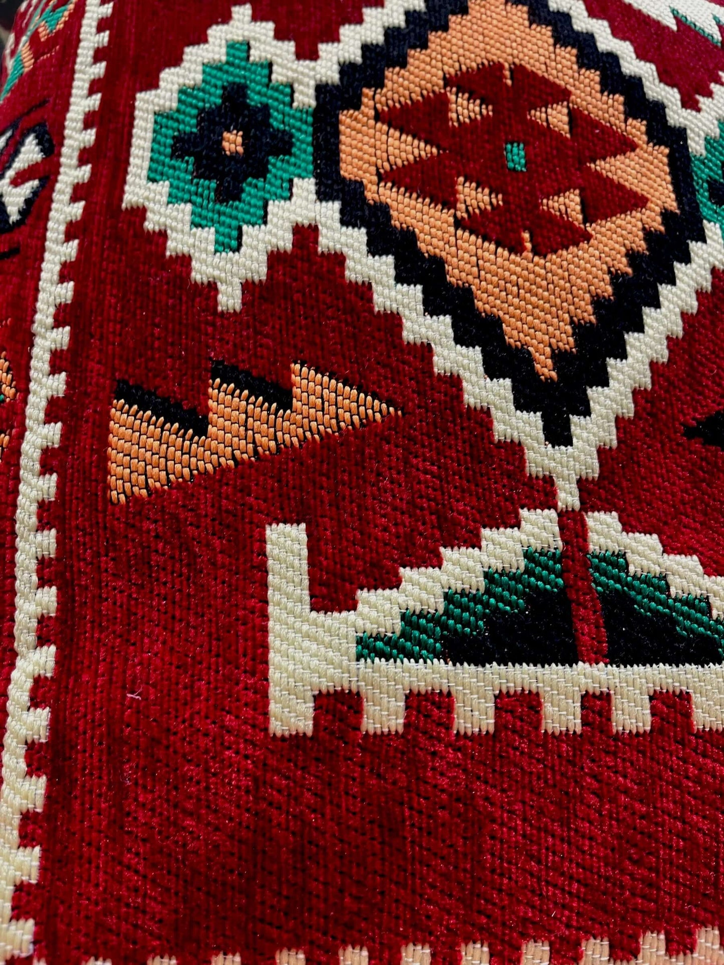 50x60 Pillow Cushion (Red with orange & green)-This 50x60 Turkish pillow cushion is made with an elegant traditional design and features a firm cushion, making it both luxurious and unique. Its beautiful craftsmanship ensures a high quality that will last