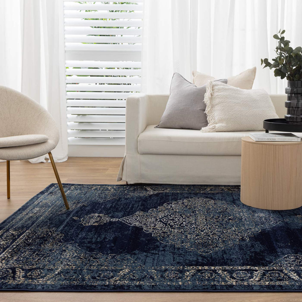 Arya Distressed Navy Rug - 6010 NAVY styled with furniture
