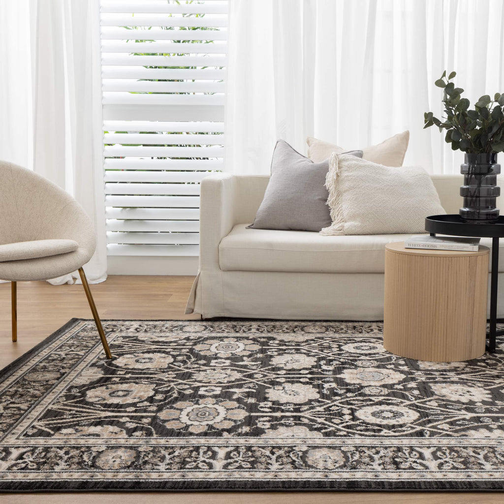 Arya Ziegler Grey Rug - 6096 FUME styled with furniture