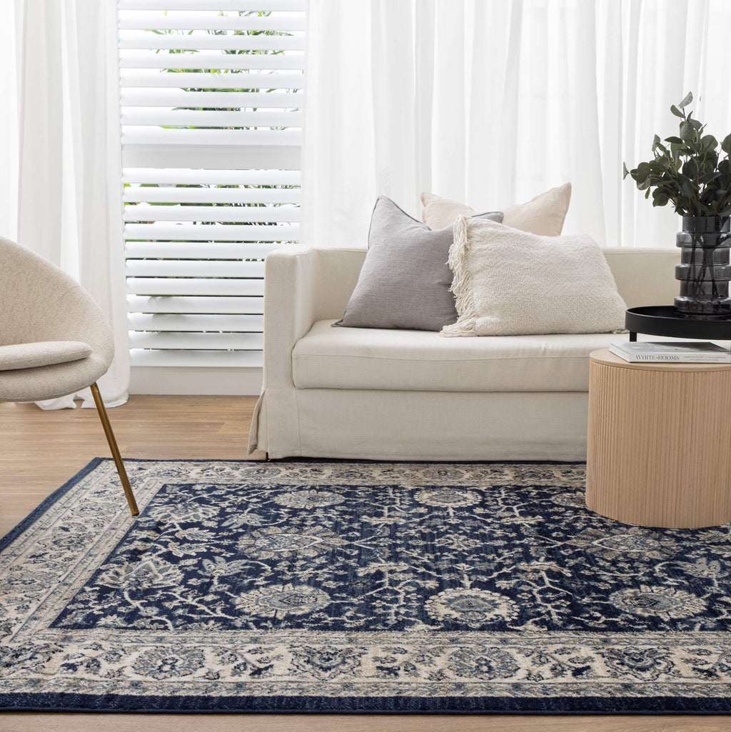 Arya Ziegler Navy Rug - 6282 NAVY styled with furniture