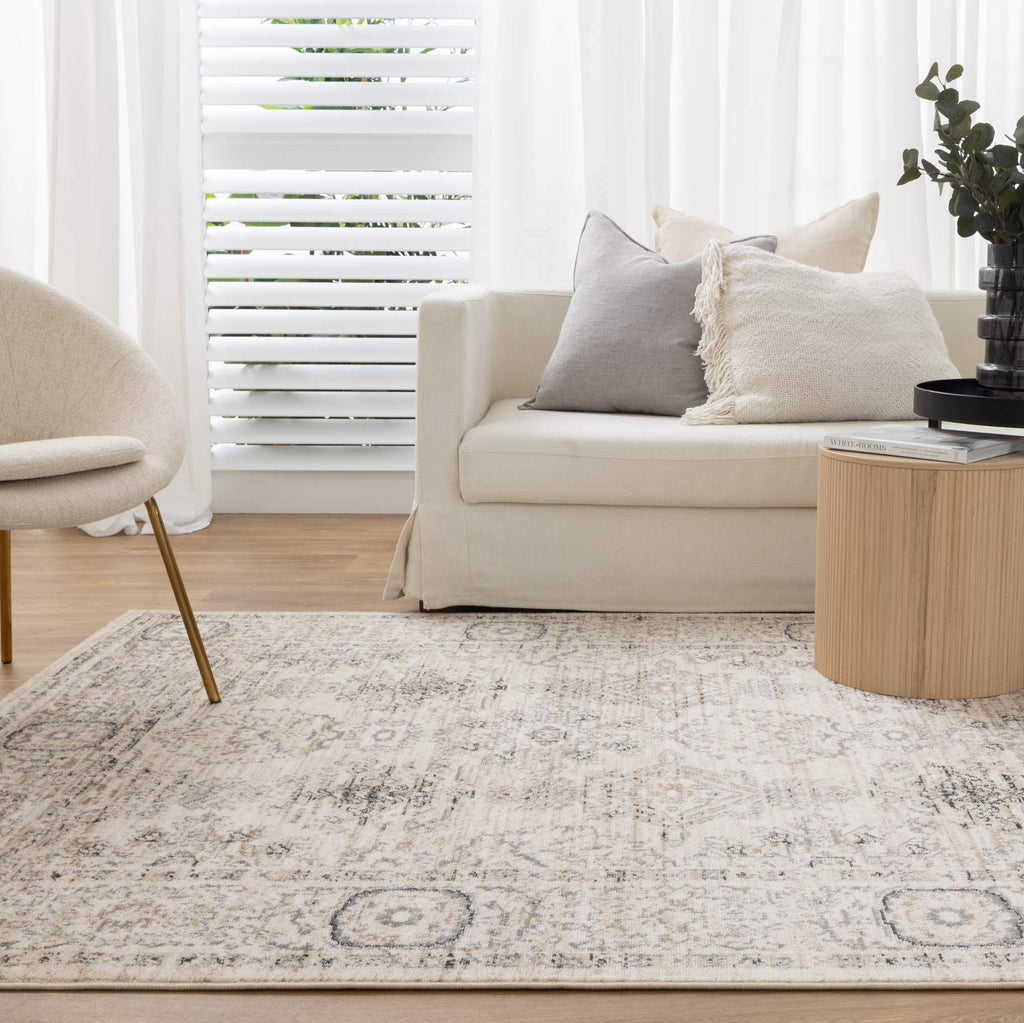Arya Ziegler Cream Grey Rug - 6890 CREA styled with furniture