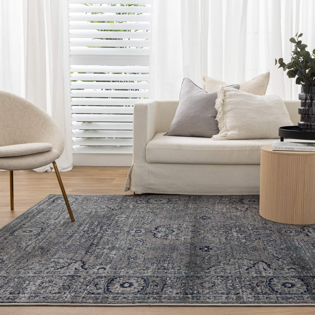 Arya Ziegler Grey Rug - 6890 DARK styled with furniture