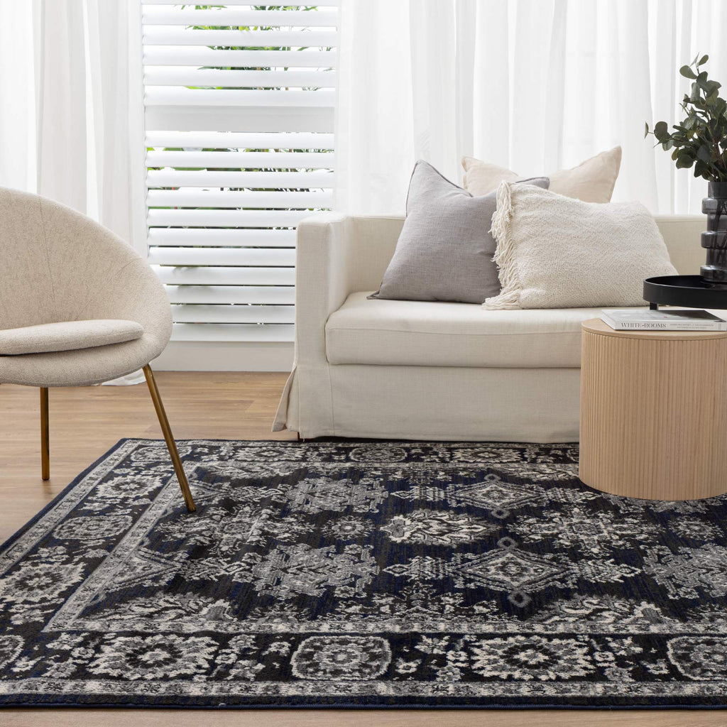 Arya 6890 Navy Grey Ziegler Rug styled with furniture