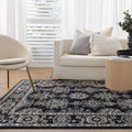 Arya 6890 Navy Grey Ziegler Rug styled with furniture