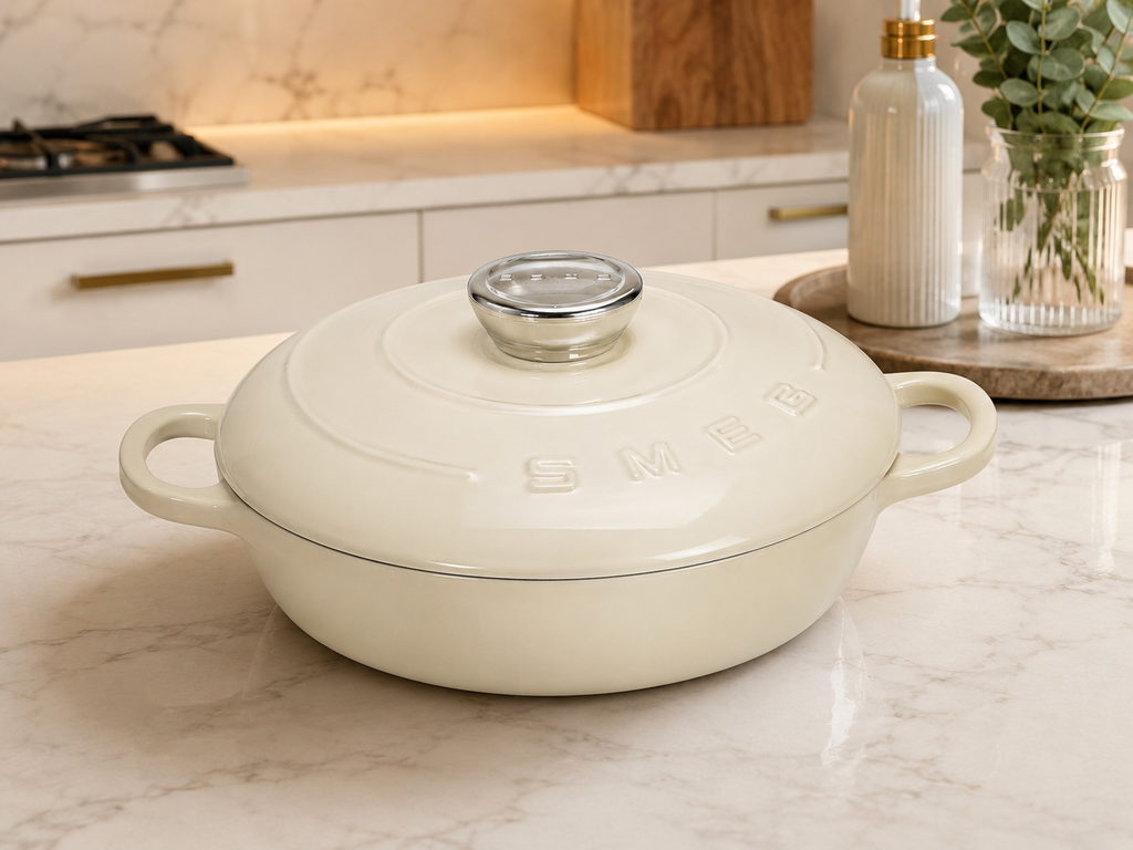 SMEG 26cm Cast Iron Casserole Pot with Lid – Cream