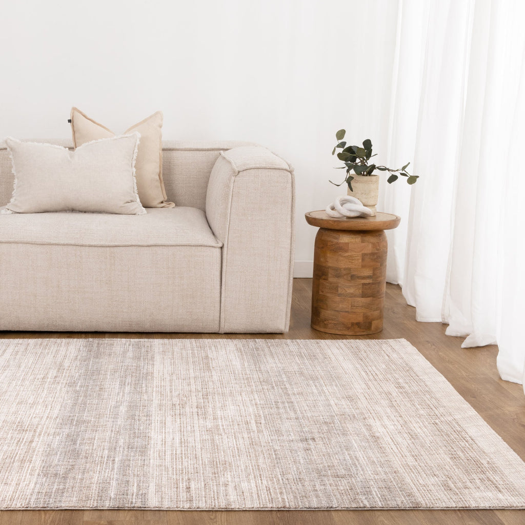 Alba A100 Beige Linear Rug styled with furniture