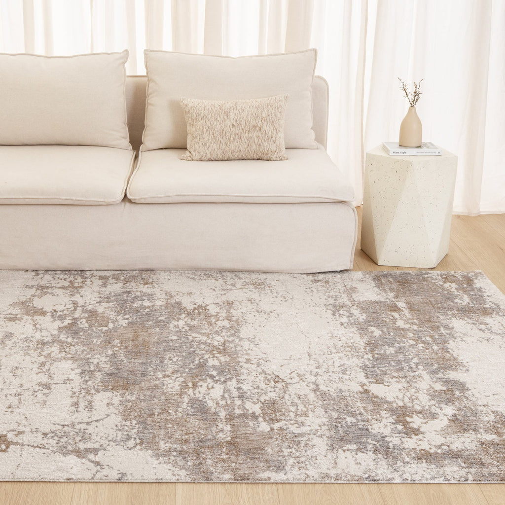 Alba A200 Grey Beige Distressed Rug styled with furniture