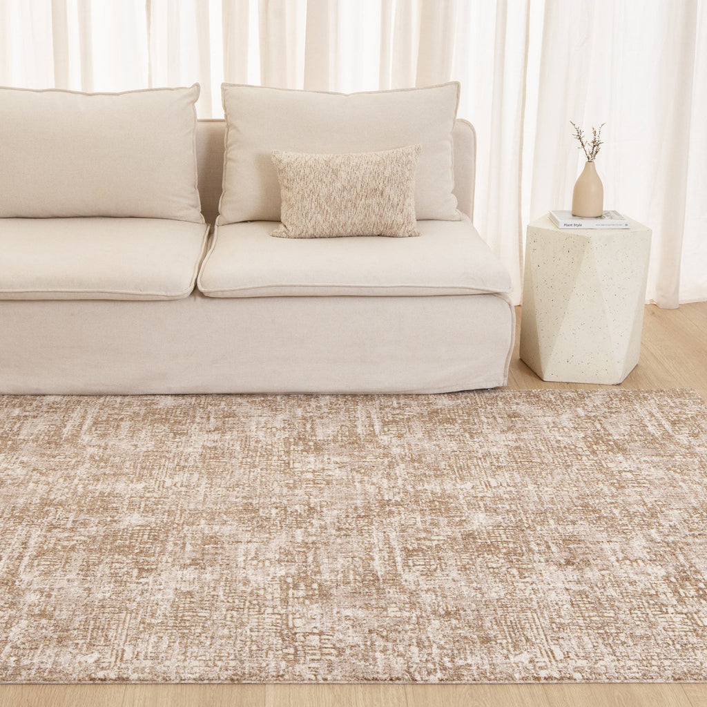 Alba A300 Beige Distressed Rug styled with furniture