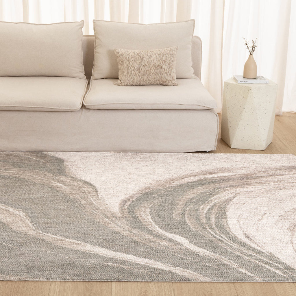 Alba A400 Grey Beige Abstract Rug styled with furniture