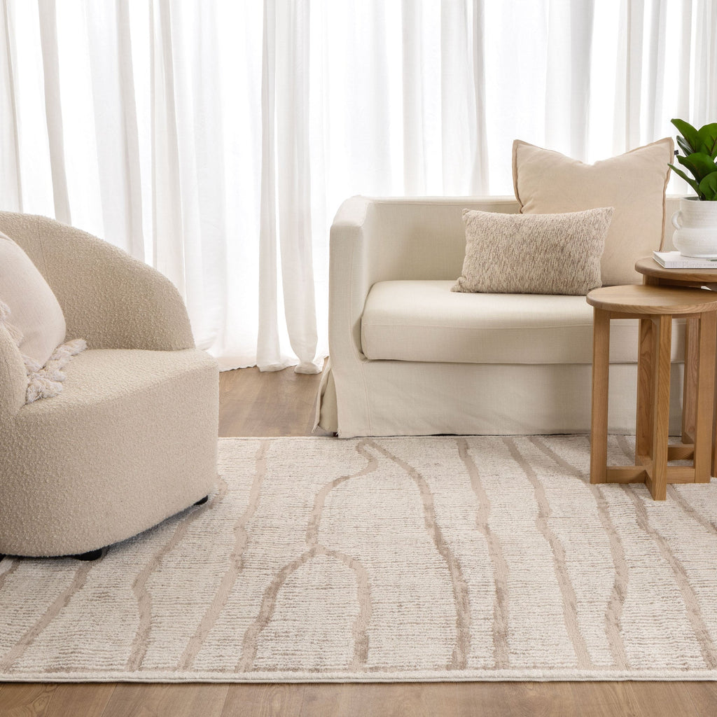 Sierra Abstract Ivory Lines Rug styled with furniture