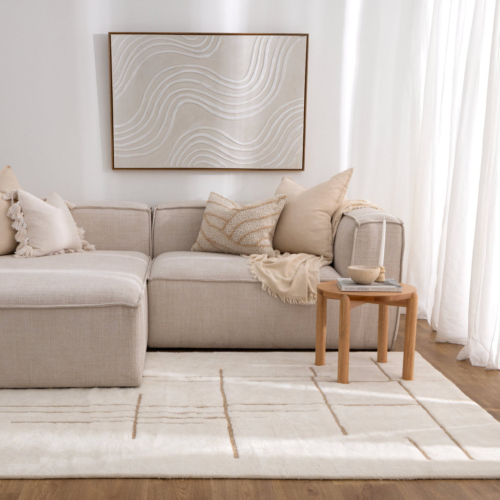 Highlands Abstract Beige Lines Washable Wool Rug styled with furniture