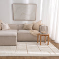 Highlands Abstract Beige Lines Washable Wool Rug styled with furniture