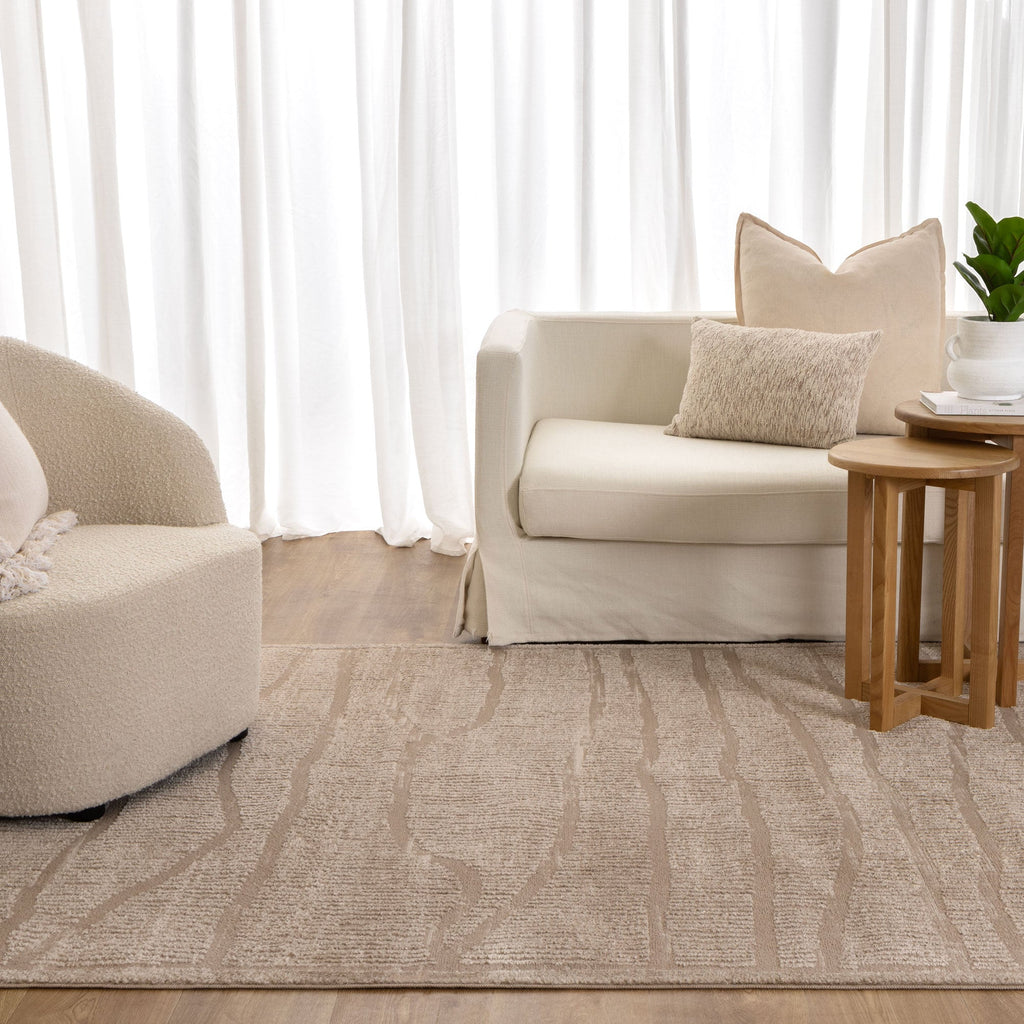 Sierra Abstract Beige Lines Rug styled with furniture