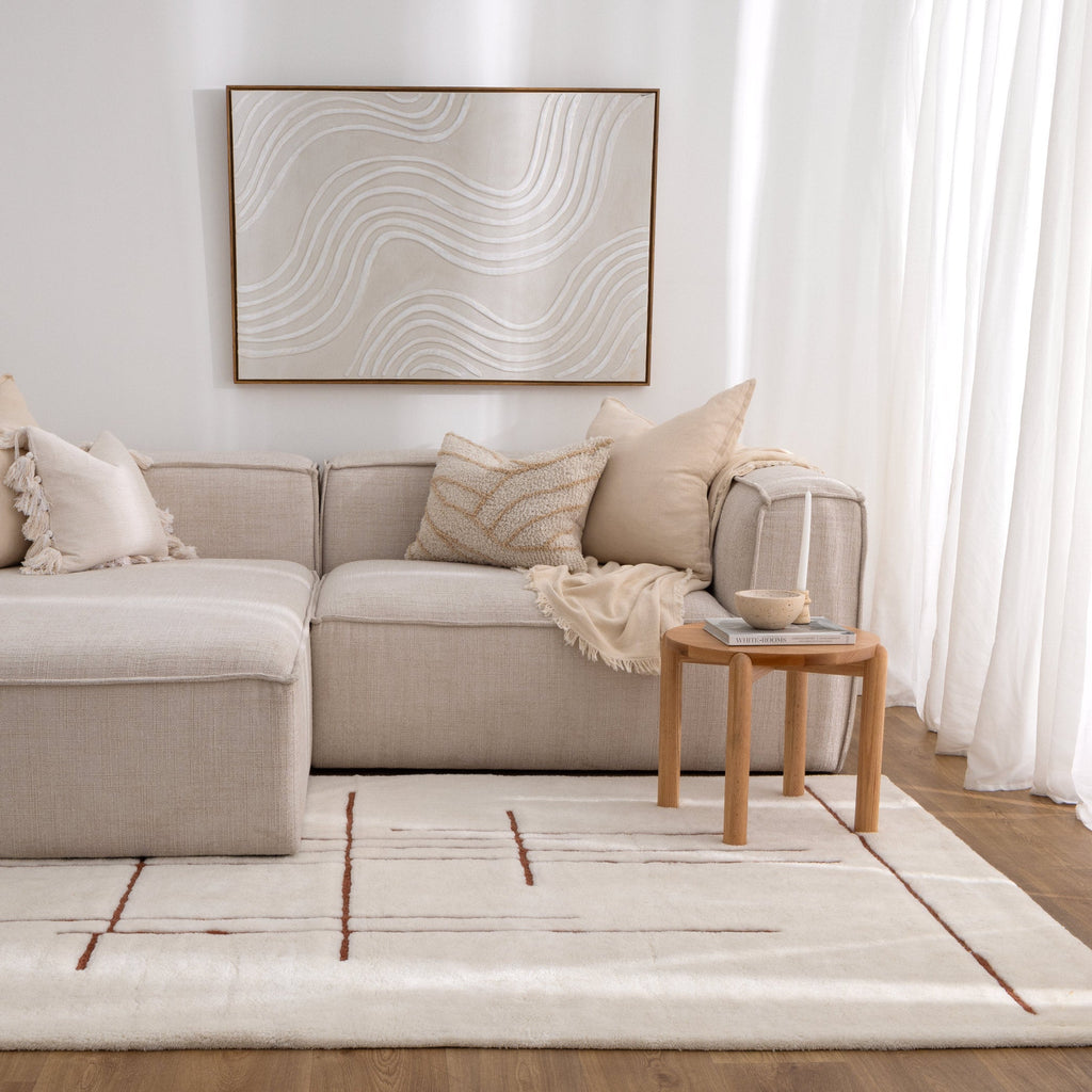 Highlands Abstract Terracotta Lines Washable Wool Rug styled with furniture