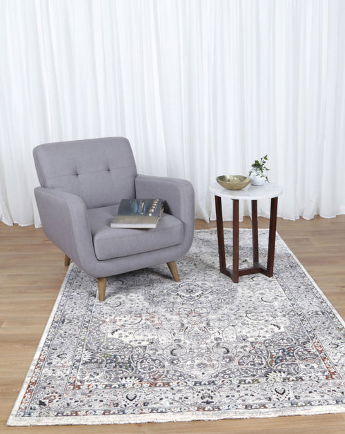 Almeras 23634-110 Grey Multicolour Medallion Rug styled with furniture