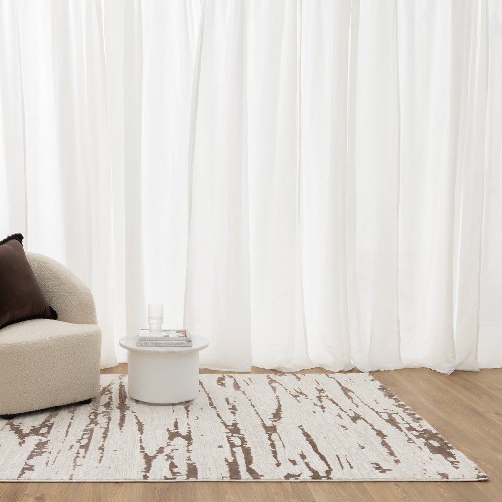 Amalfi Modern Abstract Cream Brown Rug - AMAL01 styled with furniture