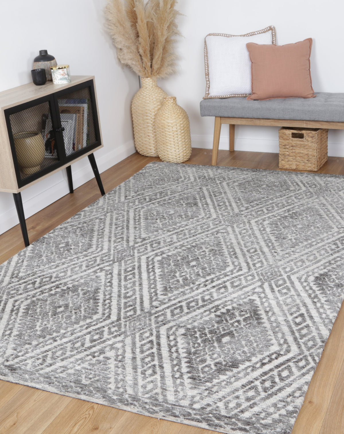 Amritsar Majitha Charcoal & Beige Cotton Blend Rug styled with furniture