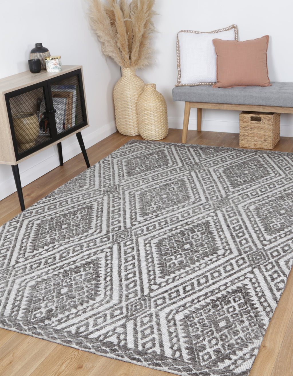 Amritsar Majitha Grey Cotton Blend Rug styled with furniture
