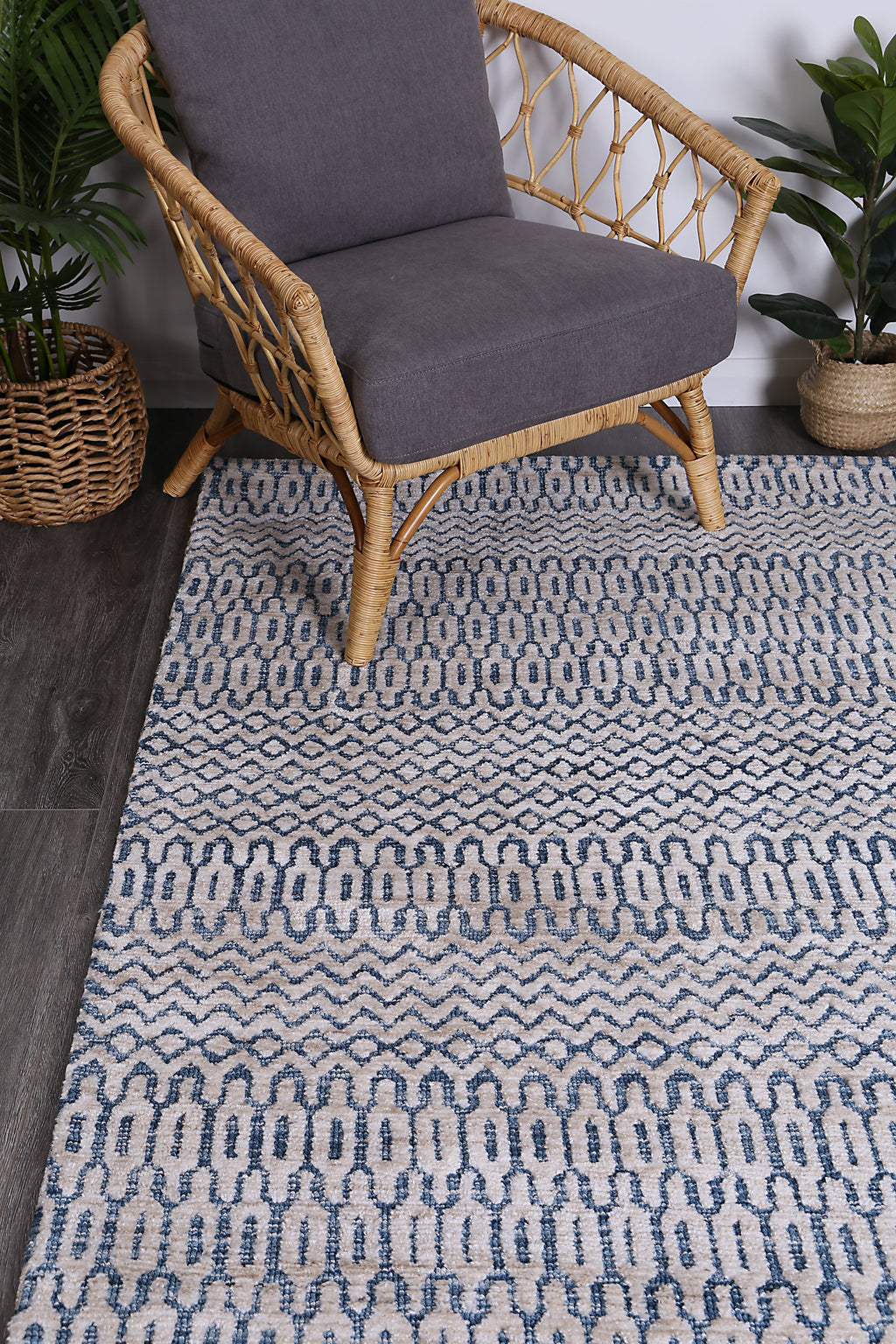 Amritsar Camphils Navy Tribal Rug styled with furniture