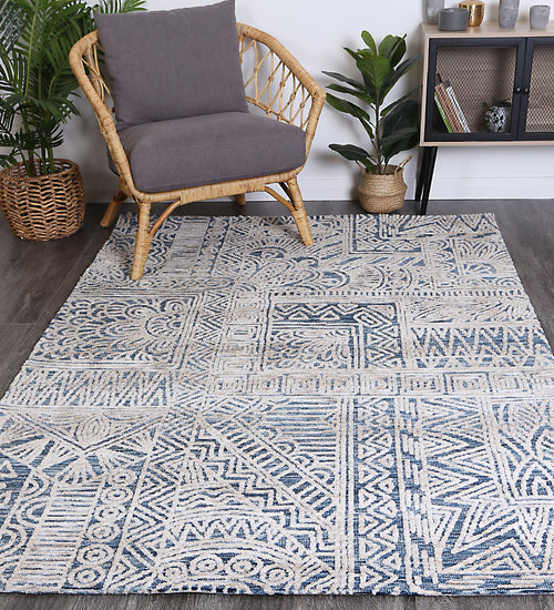 Amritsar Newburg Navy Tribal Rug styled with furniture